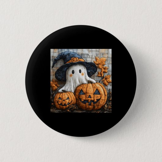 Funny Ghost Pumpkin Niedlich Halloween Patchwork A Button (Vorderseite)