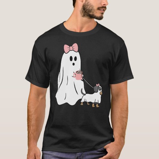 Funny Ghost Walking Dog Dachshund Wiener Halloween T-Shirt (Vorderseite)