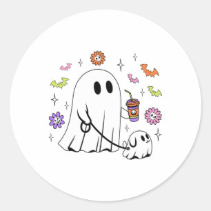 Funny Ghost Walking Dog Spooky Ghost Kaffee Hallow Runder Aufkleber