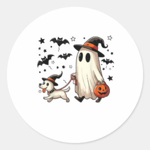 Funny Ghost Walking Dog Spooky Season Halloween Co Runder Aufkleber