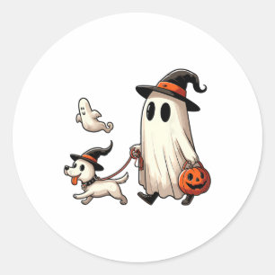 Funny Ghost Walking Dog Spooky Season Halloween Co Runder Aufkleber