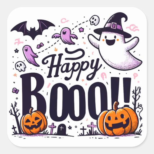 Funny Ghosts and Pumpkins Happy Boo Kids Halloween Quadratischer Aufkleber (Vorderseite)