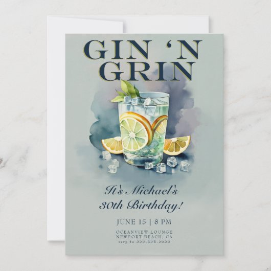 Funny Gin n Grin Cocktail Party Männer 30. Geburts Einladung (Vorderseite)
