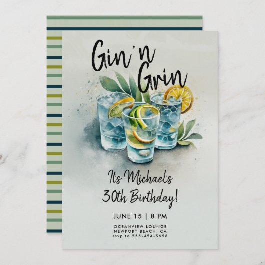 Funny Gin n Grin Drinks Party Männer 30. Geburtsta Einladung (Vorne/Hinten)