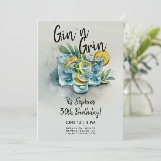 Funny Gin n Grin Drinks Party Modernes 30. Geburts Einladung (Stehend Vorderseite)