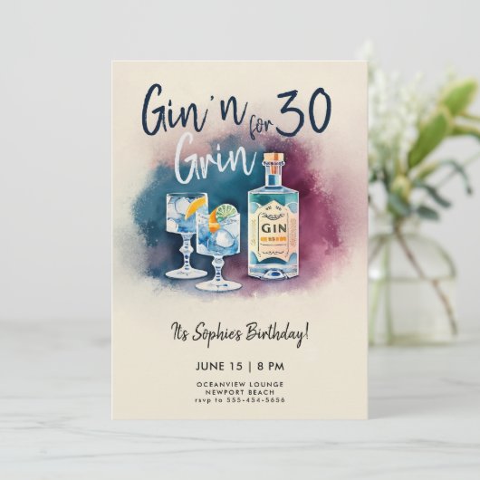 Funny Gin n Grin Party Stripe Modern 30. Geburtsta Einladung (Stehend Vorderseite)