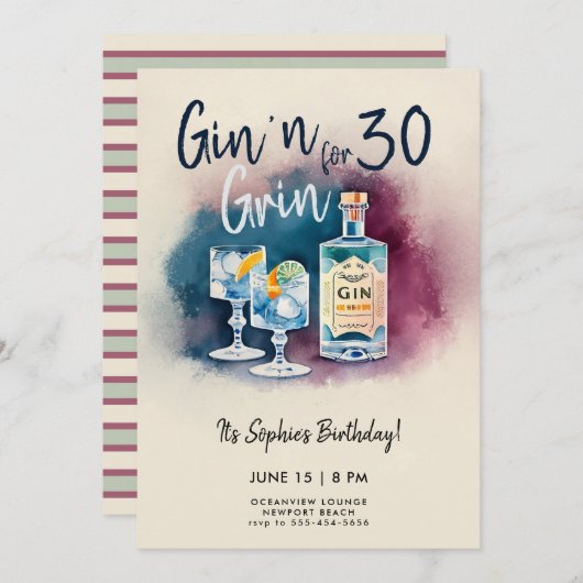 Funny Gin n Grin Party Stripe Modern 30. Geburtsta Einladung (Vorne/Hinten)