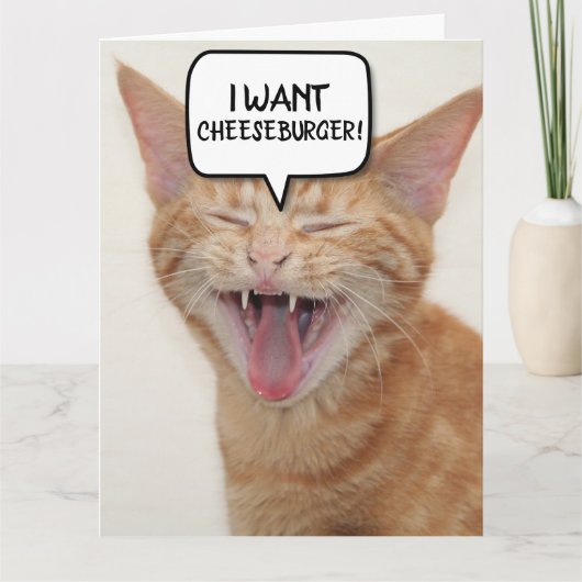 FUNNY GINGER CAT BIRTHDAY CARD I WOLL-CHEESEBURGER DANKESKARTE (Vorderseite)