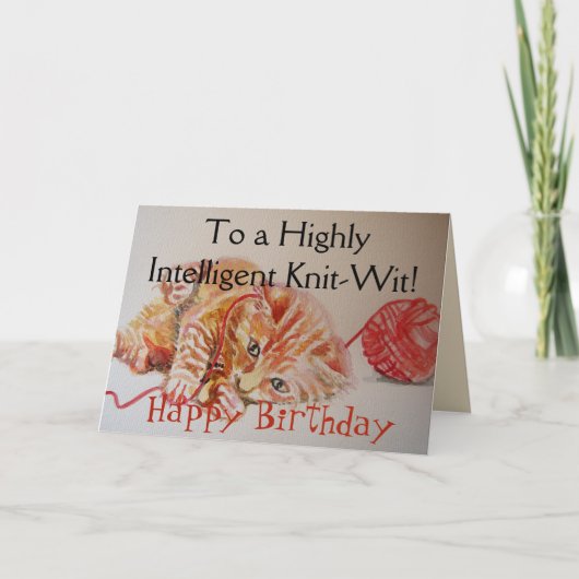 Funny Ginger Cat Knitter Strick Wolle Geburtstagsk Karte (Vorderseite)