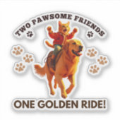 Funny Ginger Cat Riding Golden Retriever_realistis Aufkleber (Vorderseite)