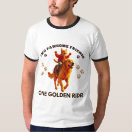 Funny Ginger Cat Riding Golden Retriever_realistis T-Shirt