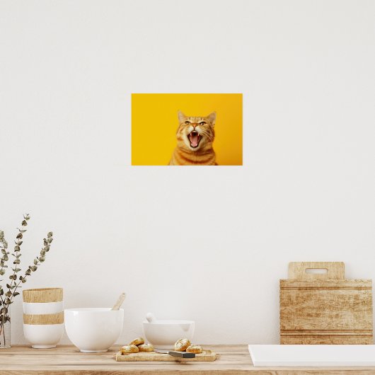 Funny Ginger Cat Yawning on Bright Yellow Backgrou Poster (Küche)