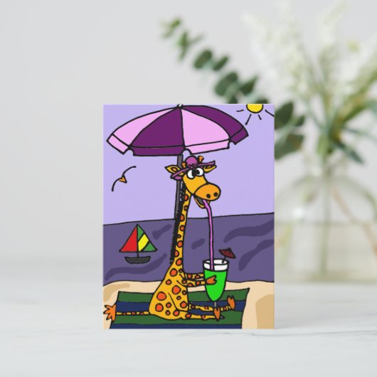 Funny Giraffe am Strand Postkarte (Stehend Vorderseite)