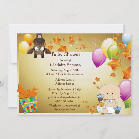 Funny Giraffe, Baby Boy und Cupcakes Babydusche Einladung (Rückseite)