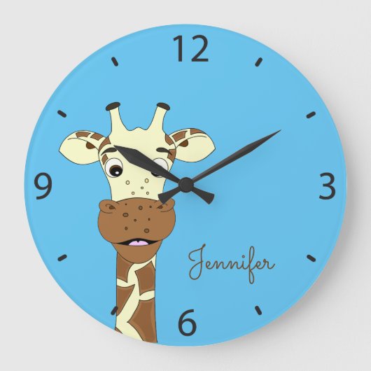 Funny giraffe cartoon blue kids name wall clock große wanduhr (Vorderseite)