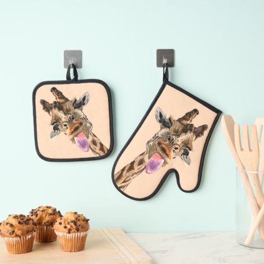Funny Giraffe Oven Mitt & Pot Holder Set (Insitu (Hängend))