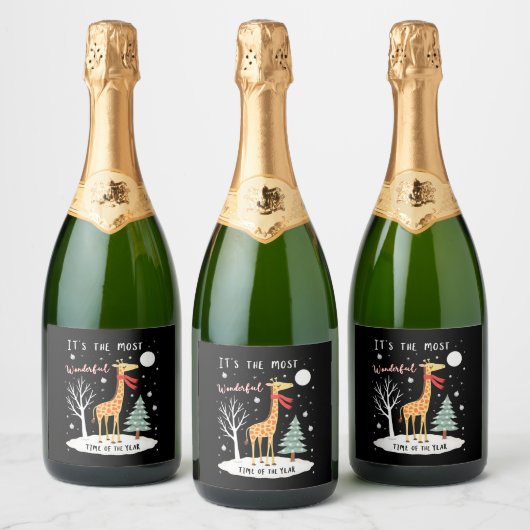 Funny Giraffe The Most Wonderful Time Christmas T- Schaumweinetikett (Flaschen)