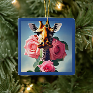 Funny Giraffe und Rose Surreal Personalisiert Keramikornament