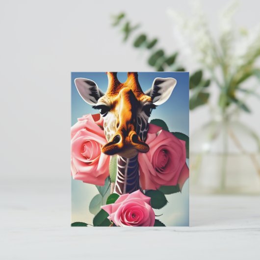 Funny Giraffe und Rose Surreal Postkarte (Stehend Vorderseite)