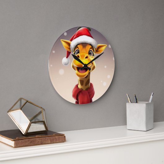 Funny giraffe wearing a Santa hat Große Wanduhr (Büro)
