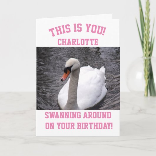 Funny Girly Birthday Card Swan Pink Karte (Vorderseite)
