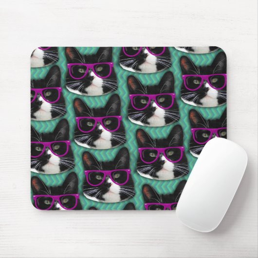 Funny Glasses Tuxedo Cat Pattern Mousepad (Mit Mouse)