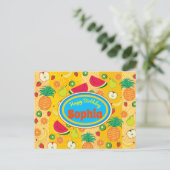 Funny glücklicher Geburtstag buntes Obstlabel fröh Postkarte (Stehend Vorderseite)