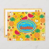 Funny glücklicher Geburtstag buntes Obstlabel fröh Postkarte (Vorne/Hinten)