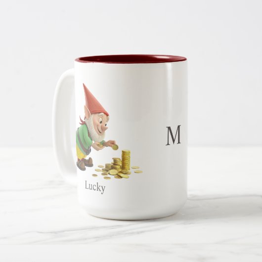 Funny Gnome, Gold Coins, Calligraphy & Monogram Zweifarbige Tasse (Vorderseite Links)