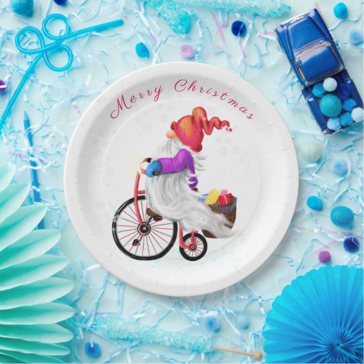 Funny Gnome mit Bike und Geschenke Weihnachtsspass Pappteller (Party)