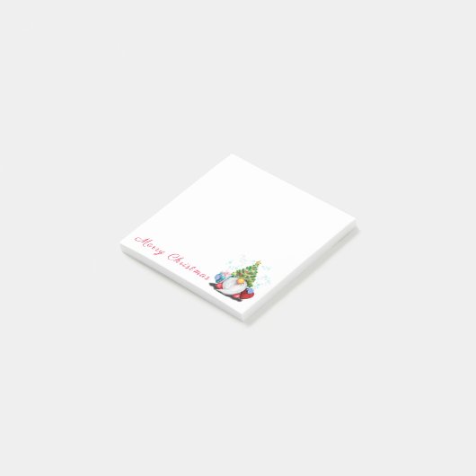 Funny Gnome mit Weihnachtsbaumhut und Geschenk Post-it Klebezettel (angewinkelt)