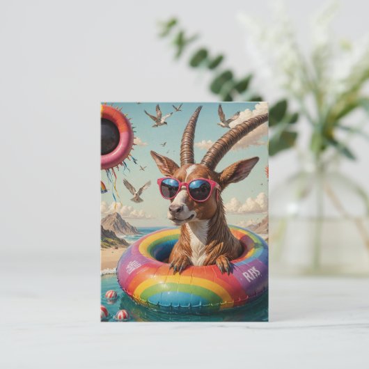 Funny Goat Like Critter auf einer Float-Reise Postkarte (Stehend Vorderseite)