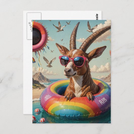 Funny Goat Like Critter auf einer Float-Reise Postkarte (Vorne/Hinten)