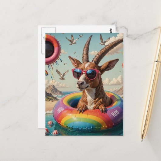 Funny Goat Like Critter auf einer Float-Reise Postkarte (Vorderseite/Rückseite Beispiel)