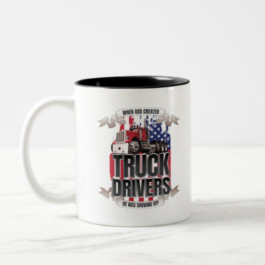 Funny God Created Truck Drivers American Flag Zweifarbige Tasse (Links)