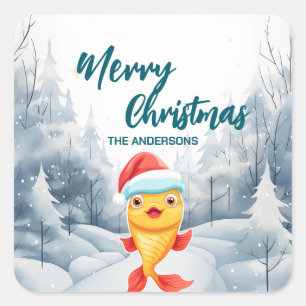 Funny Gold Fisch Merry Xmas Baum Schnee Feier Quadratischer Aufkleber