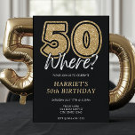 Funny Gold Glitzer 50 Wo Black 50. Geburtstag Einladung<br><div class="desc">Der lustige goldene Glitzer schwarz 50. Geburtstagsfeier mit dem Text "50 Wo?" Ideal für Frauen,  die fünfzig Jahre alt werden.</div>
