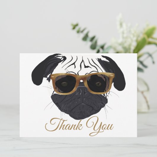 Funny Golden Glasses Mops Hunde Illustration Dankeskarte (Stehend Vorderseite)