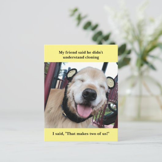 Funny Golden Retriever Cloning Joke Meme Postkarte (Stehend Vorderseite)