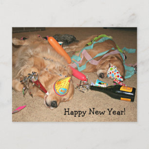 Funny Golden Retriever Happy New Year Celebration Feiertagspostkarte