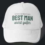Funny Golf Bachelor Party Trauzeuge Schlimmster Go Truckerkappe<br><div class="desc">Für die Golf-Thema Bachelor-Party, ein gutes Lachen mit diesem personalisierten Hut perfekt für den Trauzeuge. Der Hut enthält das Sprichwort "Trauzeuge schlechtestes Golfer", aber der grüne Text kann mit Ihrer Wortwahl angepasst werden. Finden Sie koordinierende Bachelor-Party-Vorräte und mehr Farben in der Golf and Brews vor der I Do's Kollektion von...</div>