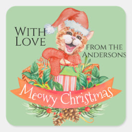 Funny Goofy Cat Colorful Meowy Christmas Pub Squar Quadratischer Aufkleber