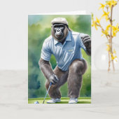 Funny Gorilla in Tan Hat Blue Shirt Golf spielen Karte (Gelbe Blume)