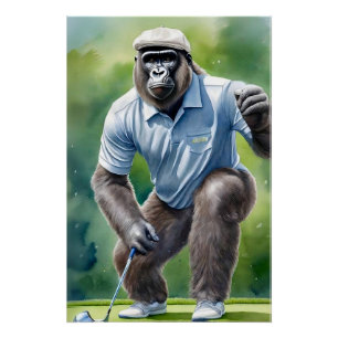 Funny Gorilla in Tan Hat Blue Shirt Golf spielen Poster