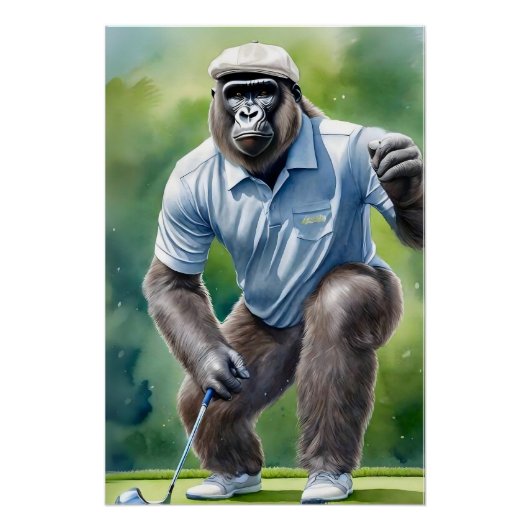 Funny Gorilla in Tan Hat Blue Shirt Golf spielen Poster (Vorderseite)