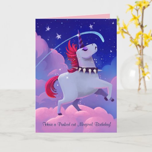 Funny Goth Punk Cartoon Unicorn auf Wolken Karte (Gelbe Blume)
