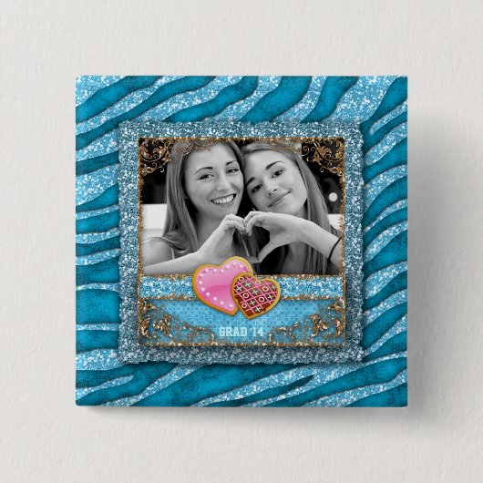 Funny Grad Abschluss Zebra Glitzer Foto Hearts Button (Vorderseite)