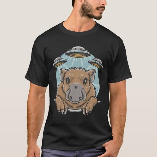 Funny Graphic T-Shirt Capybara Selfie mit UFOs Sel (Vorderseite)