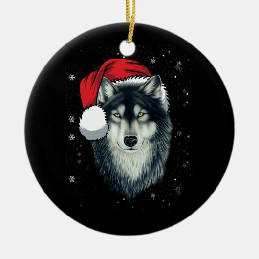 Funny Gray Wolf Weihnachtswolf Weihnachtsmannmütze Keramik Ornament (Vorne)