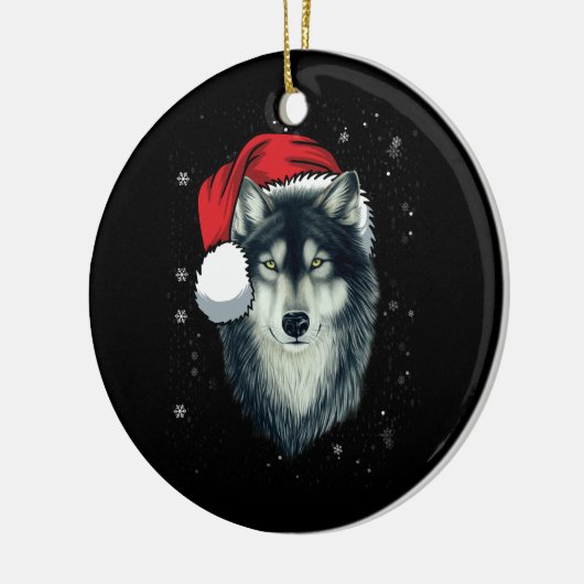Funny Gray Wolf Weihnachtswolf Weihnachtsmannmütze Keramik Ornament (Links)